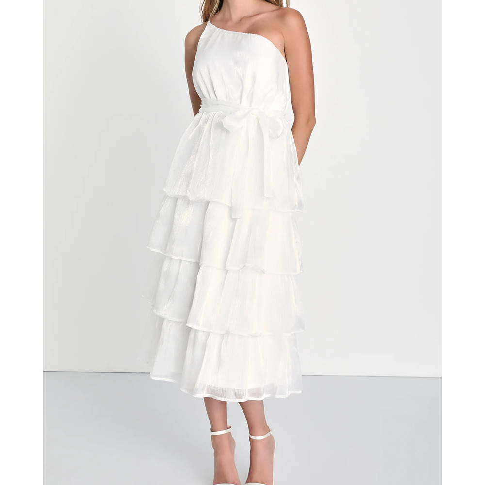 Sweetest Success White Organza Tiered One-Shoulder Midi Dress